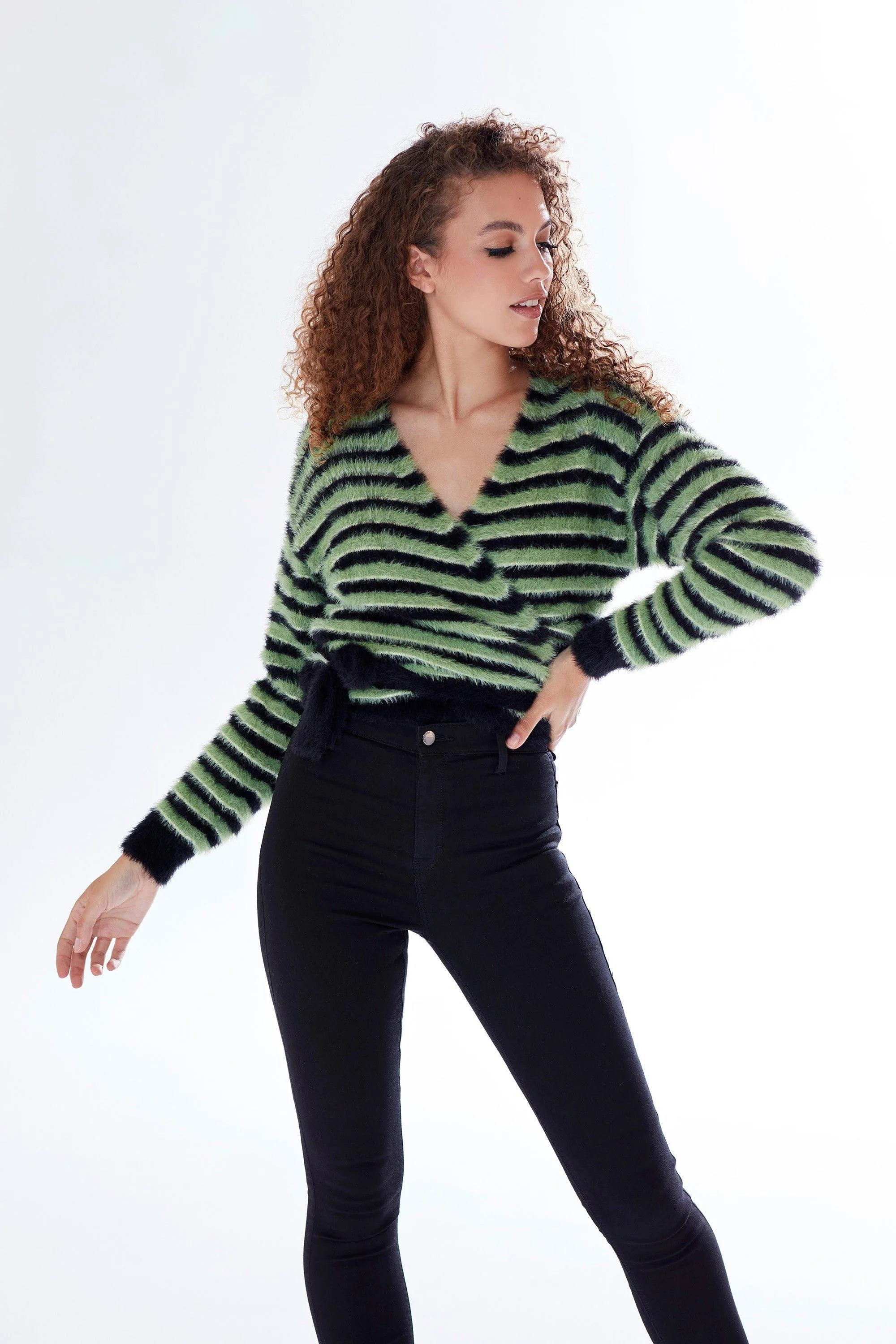 Green & Black Striped Wrap-Around Cardigan by Liquorish