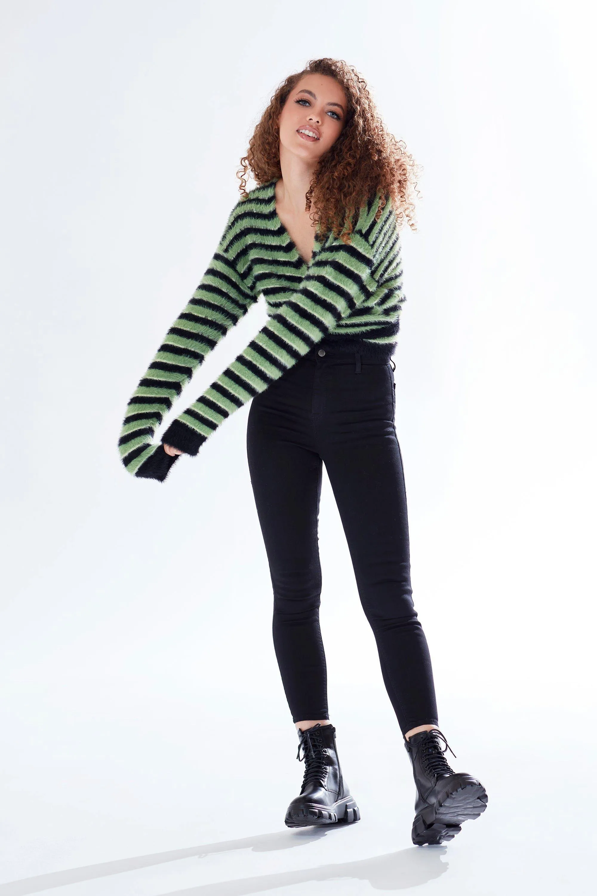 Green & Black Striped Wrap-Around Cardigan by Liquorish