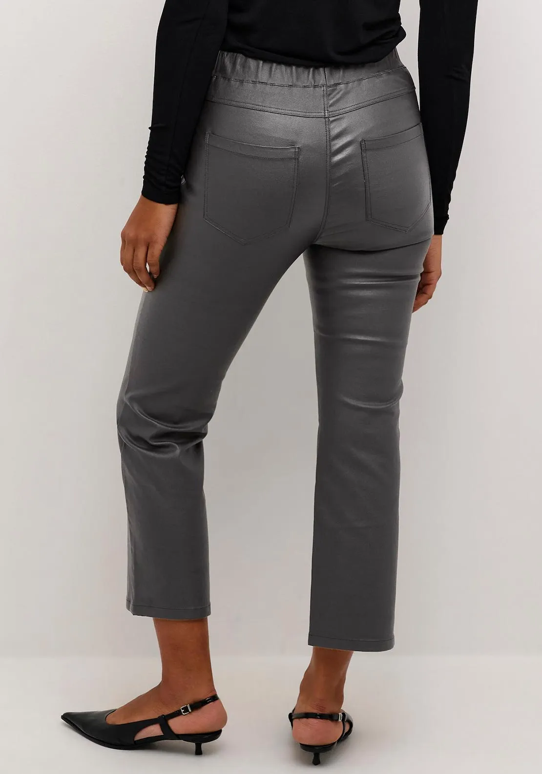 Kaffe Faux Leather Cropped Trousers, Grey