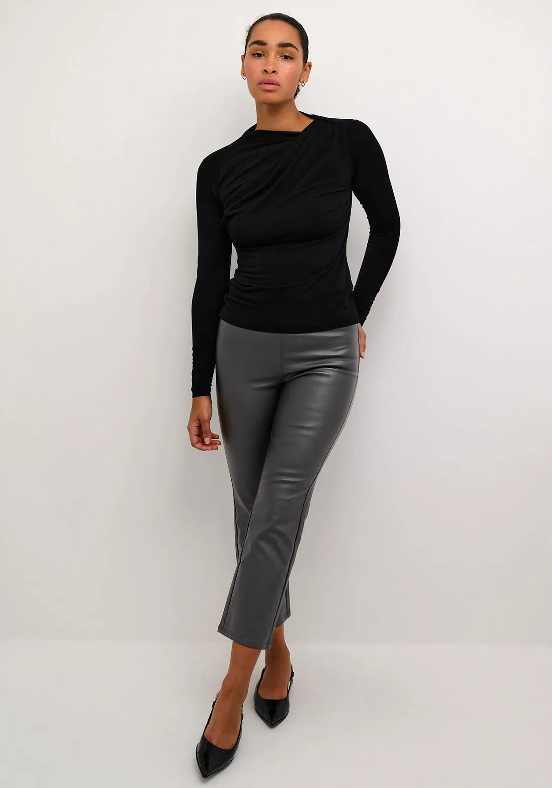 Kaffe Faux Leather Cropped Trousers, Grey