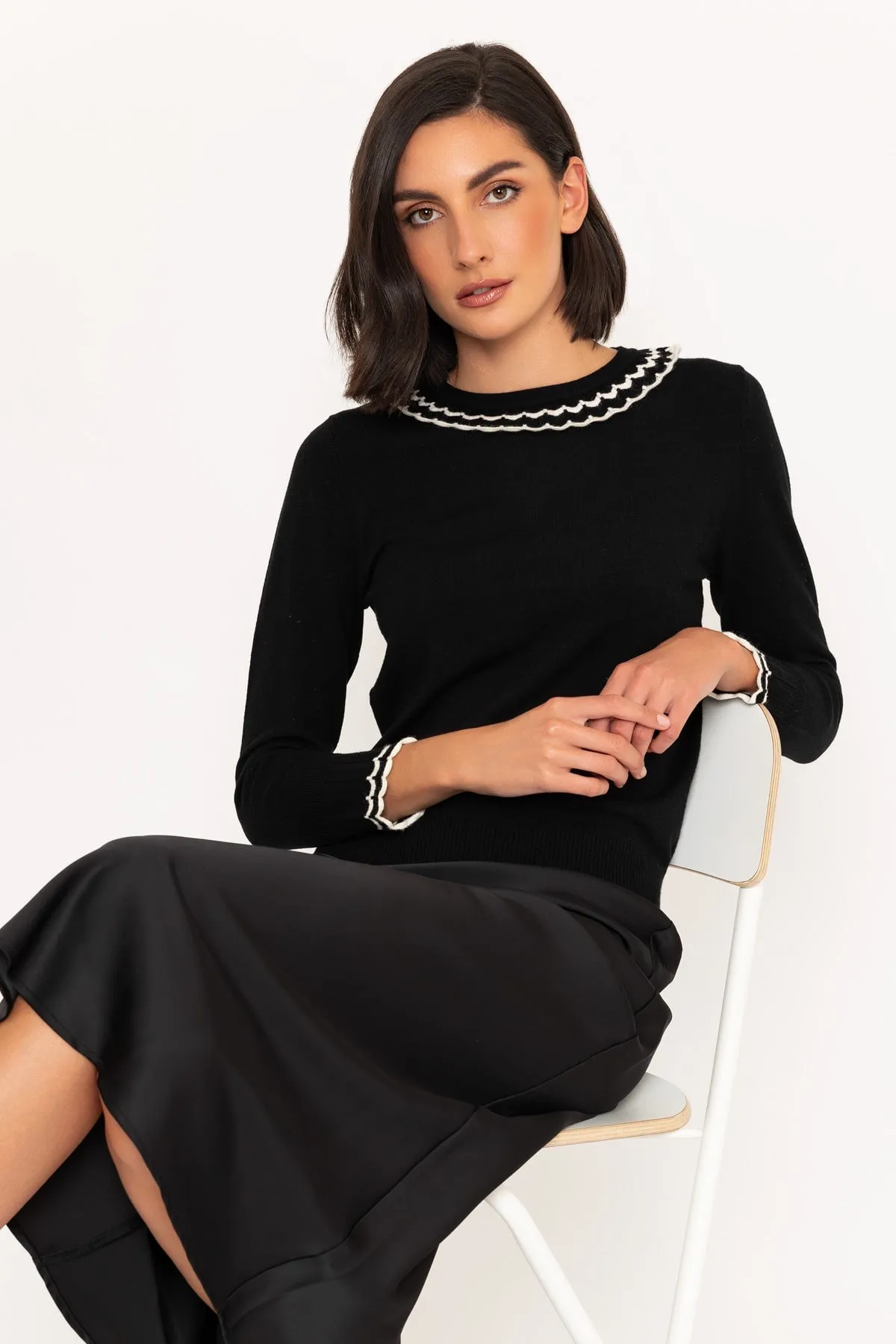 Lace Frill Knit Jumper in Black