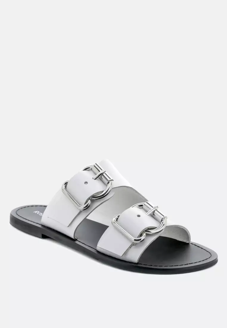 Leather Flat Sandal with Buckle Straps