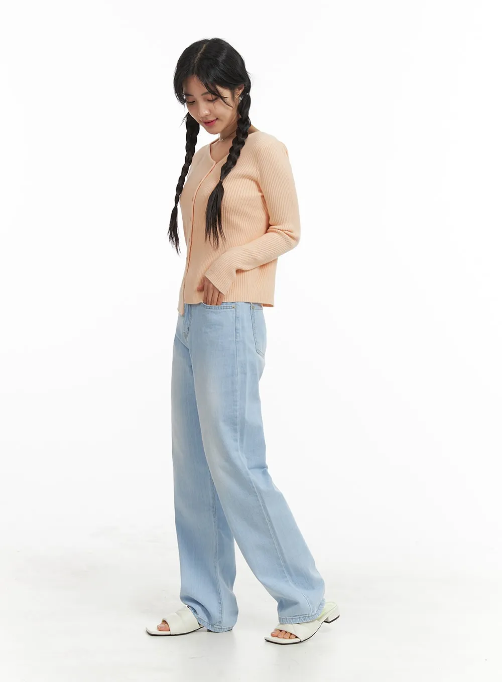 Light Blue Straight Leg Jeans for Women - Style OM427