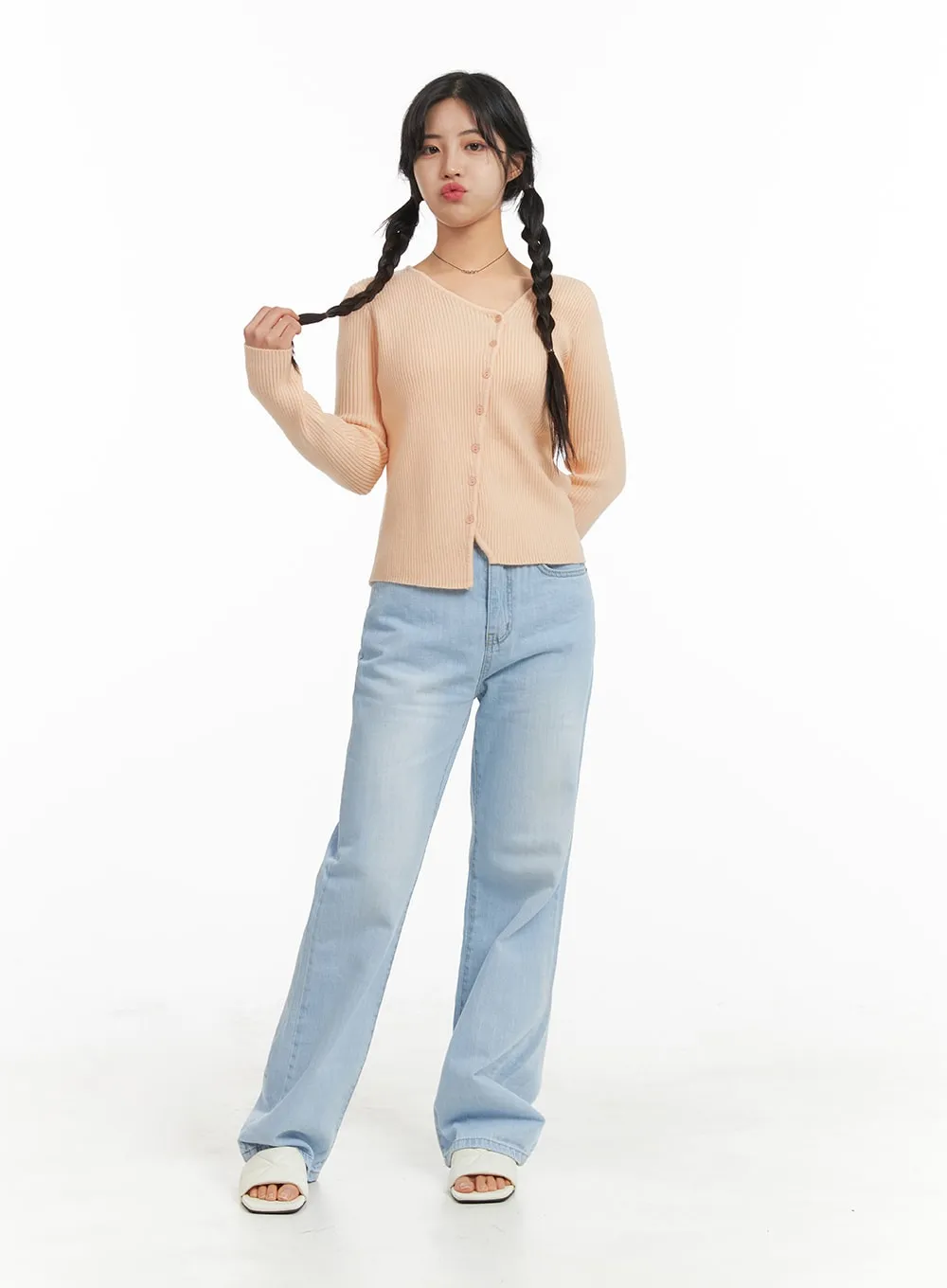 Light Blue Straight Leg Jeans for Women - Style OM427