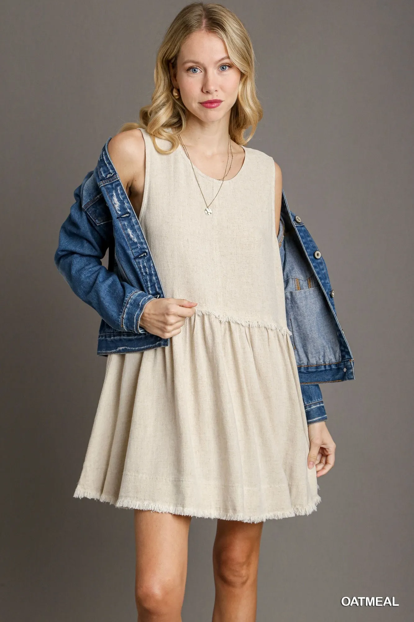 Linen Sleeveless Round Neck Tunic Dress with Fray & Pleated Details - Oatmeal