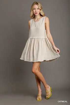 Linen Sleeveless Round Neck Tunic Dress with Fray & Pleated Details - Oatmeal