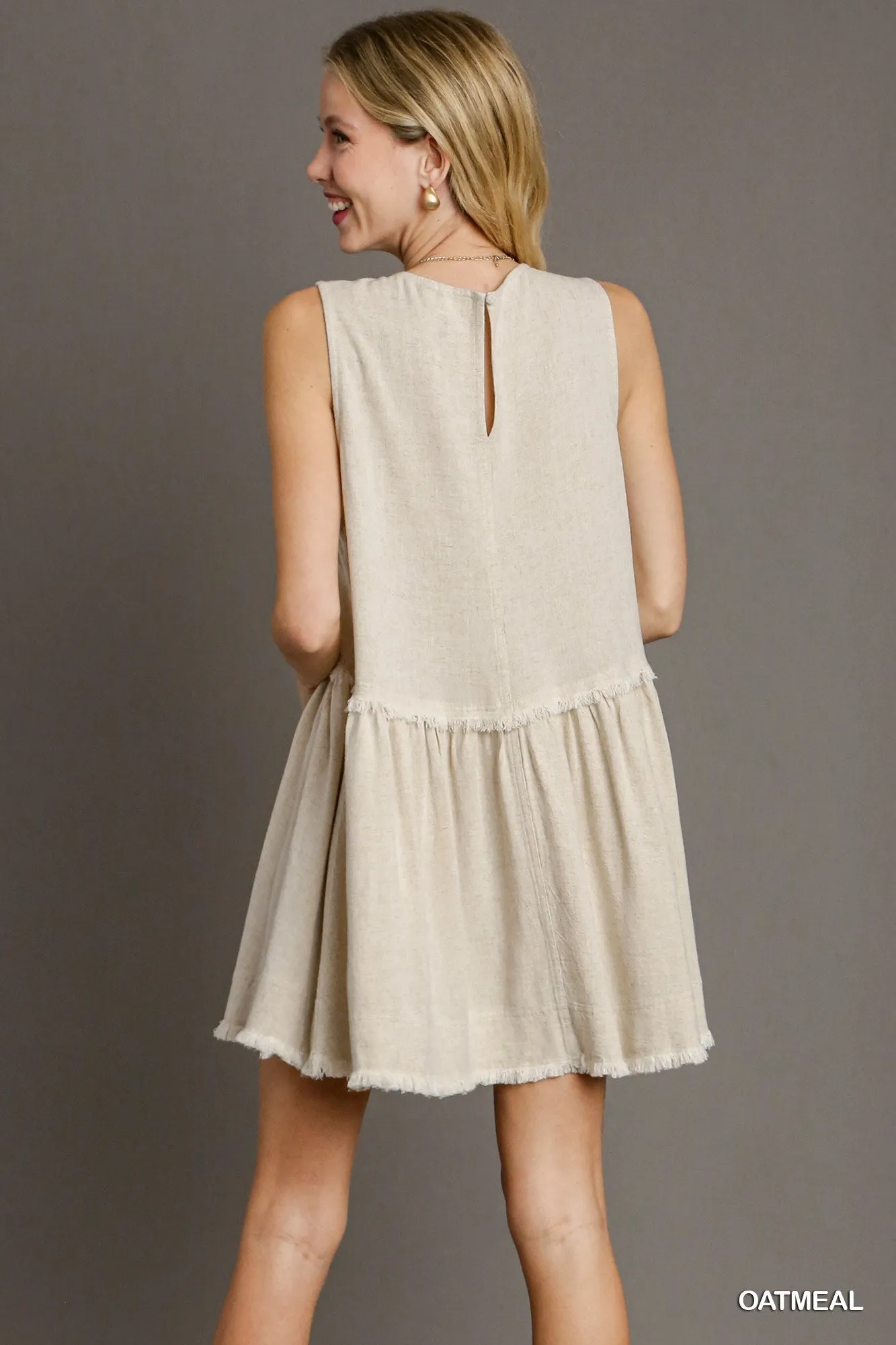 Linen Sleeveless Round Neck Tunic Dress with Fray & Pleated Details - Oatmeal