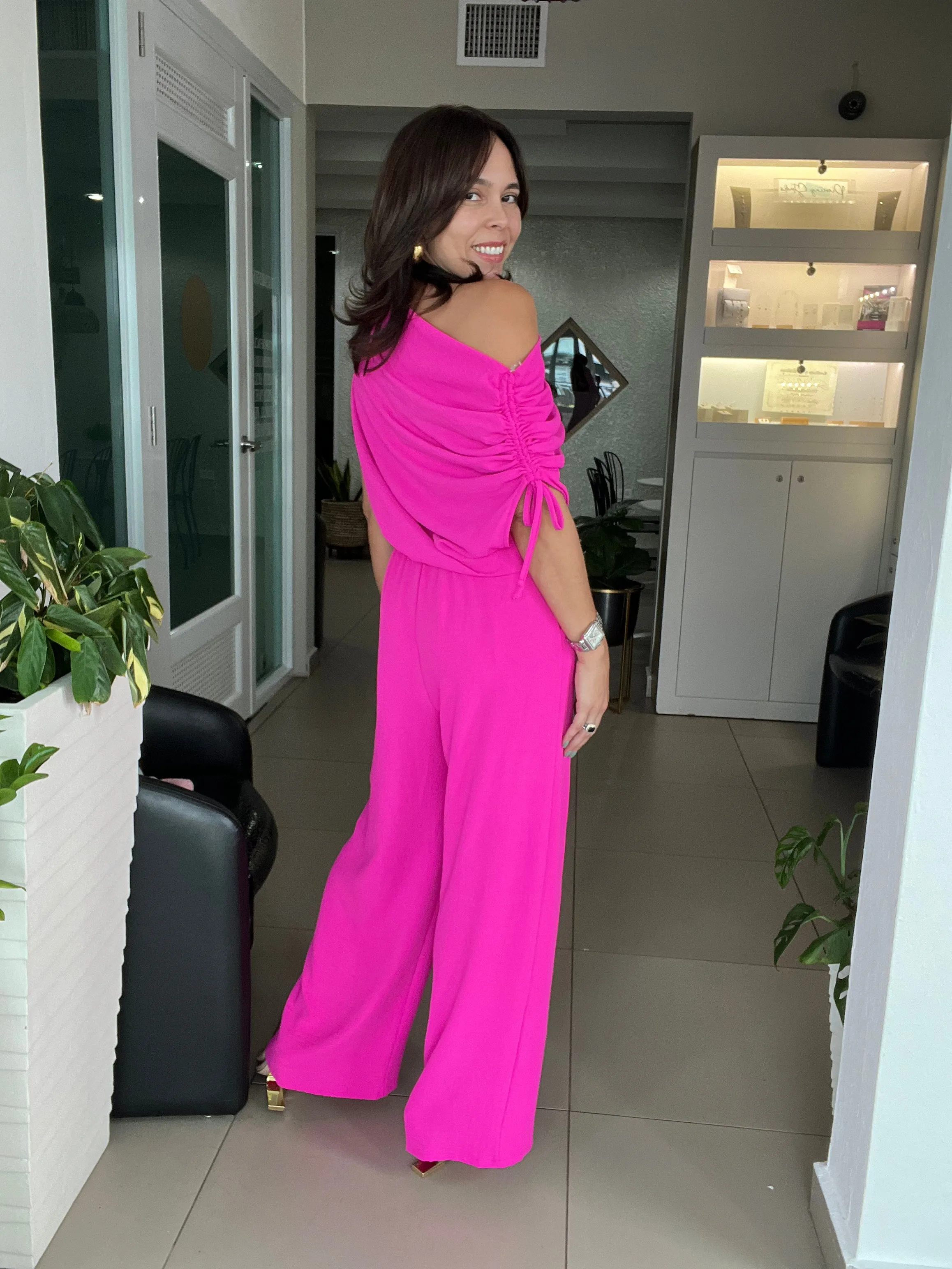 Matte Crepe Asymmetrical Off Shoulder Jumpsuit