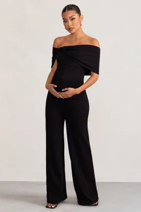 Black Maternity Jumpsuit with Bardot Bow - Meave