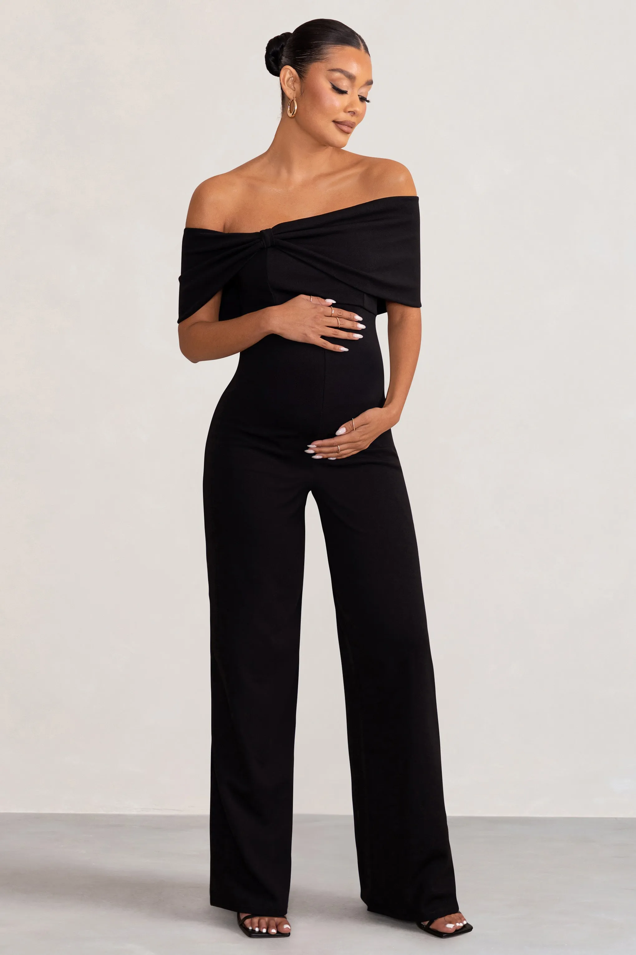 Black Maternity Jumpsuit with Bardot Bow - Meave