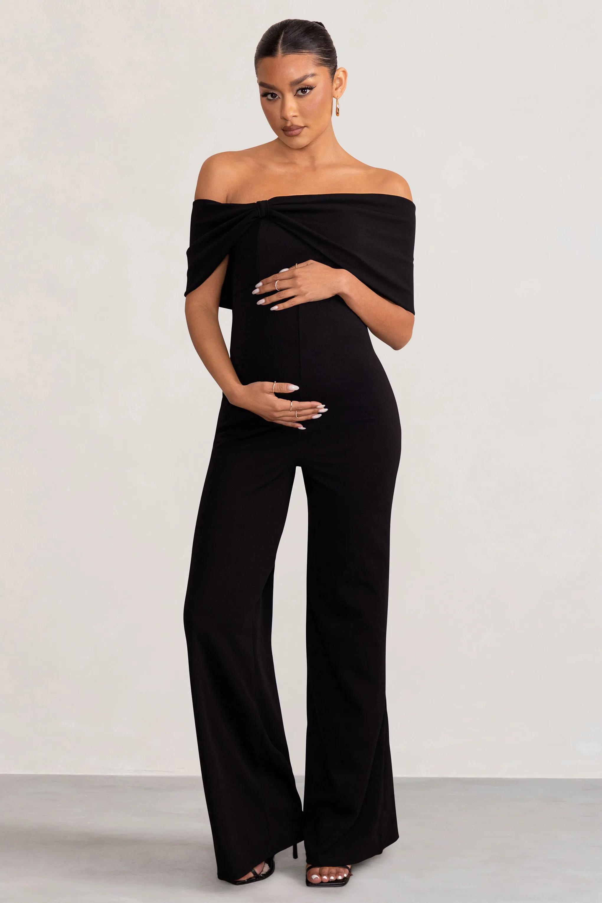 Black Maternity Jumpsuit with Bardot Bow - Meave