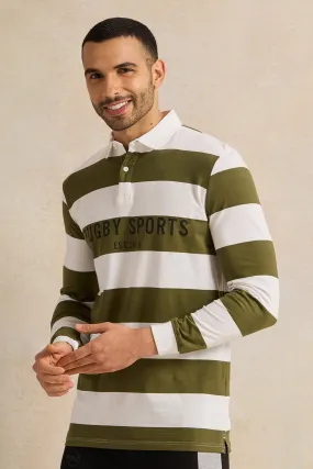 Men Green And White Casual Polo T-shirt