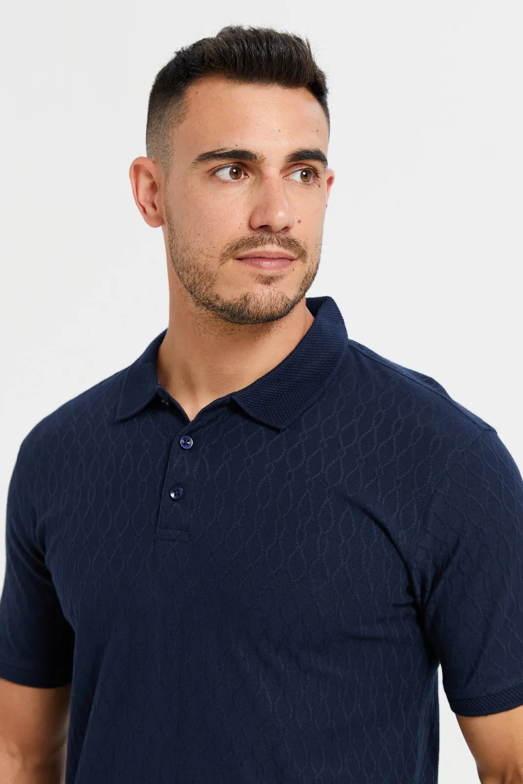 Men Navy Jacquard Polo T-Shirt