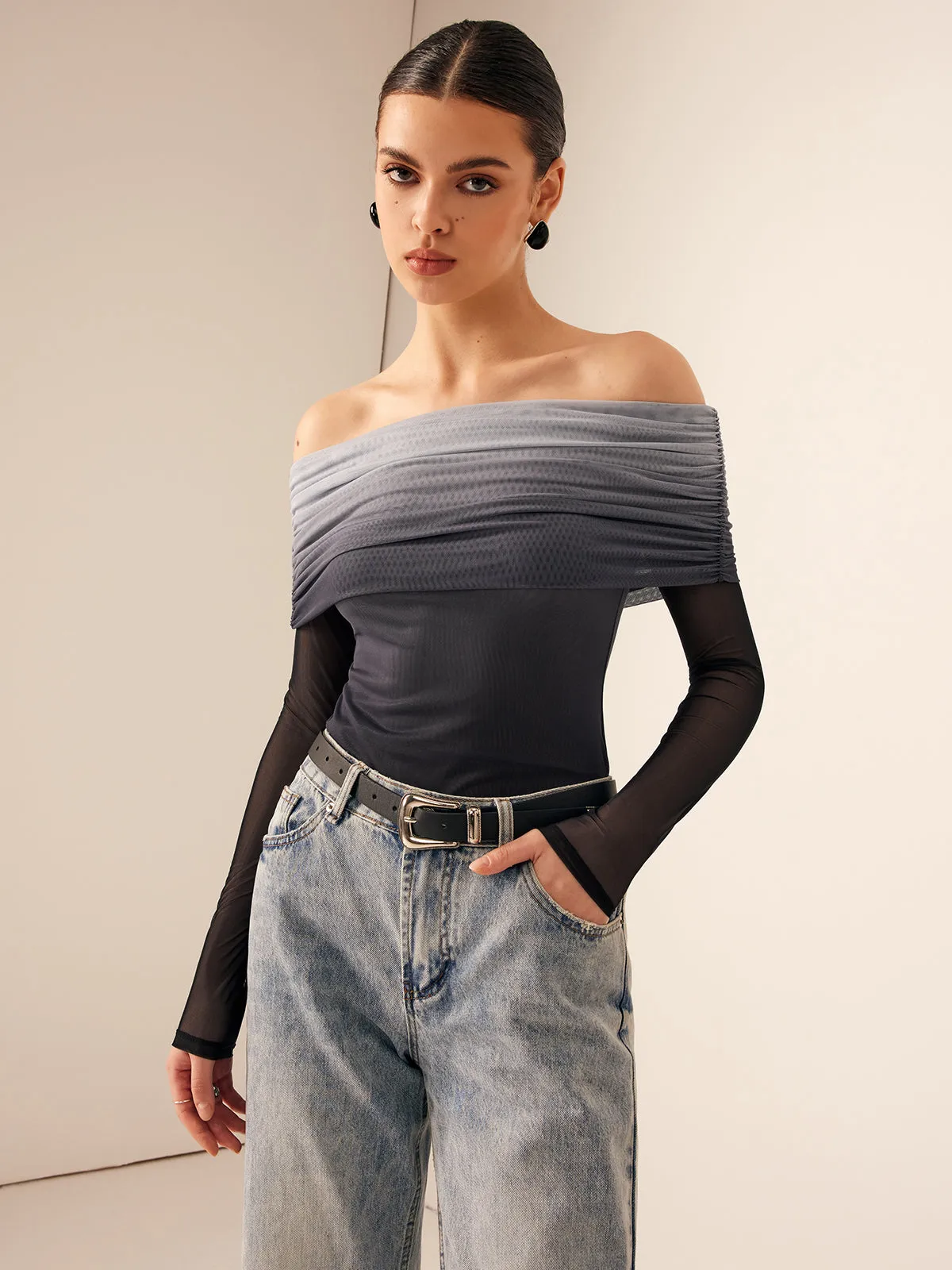 Mesh Ruched Off Shoulder Ombre Blouse