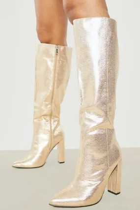 Metallic Pointed Knee High Heeled Boots