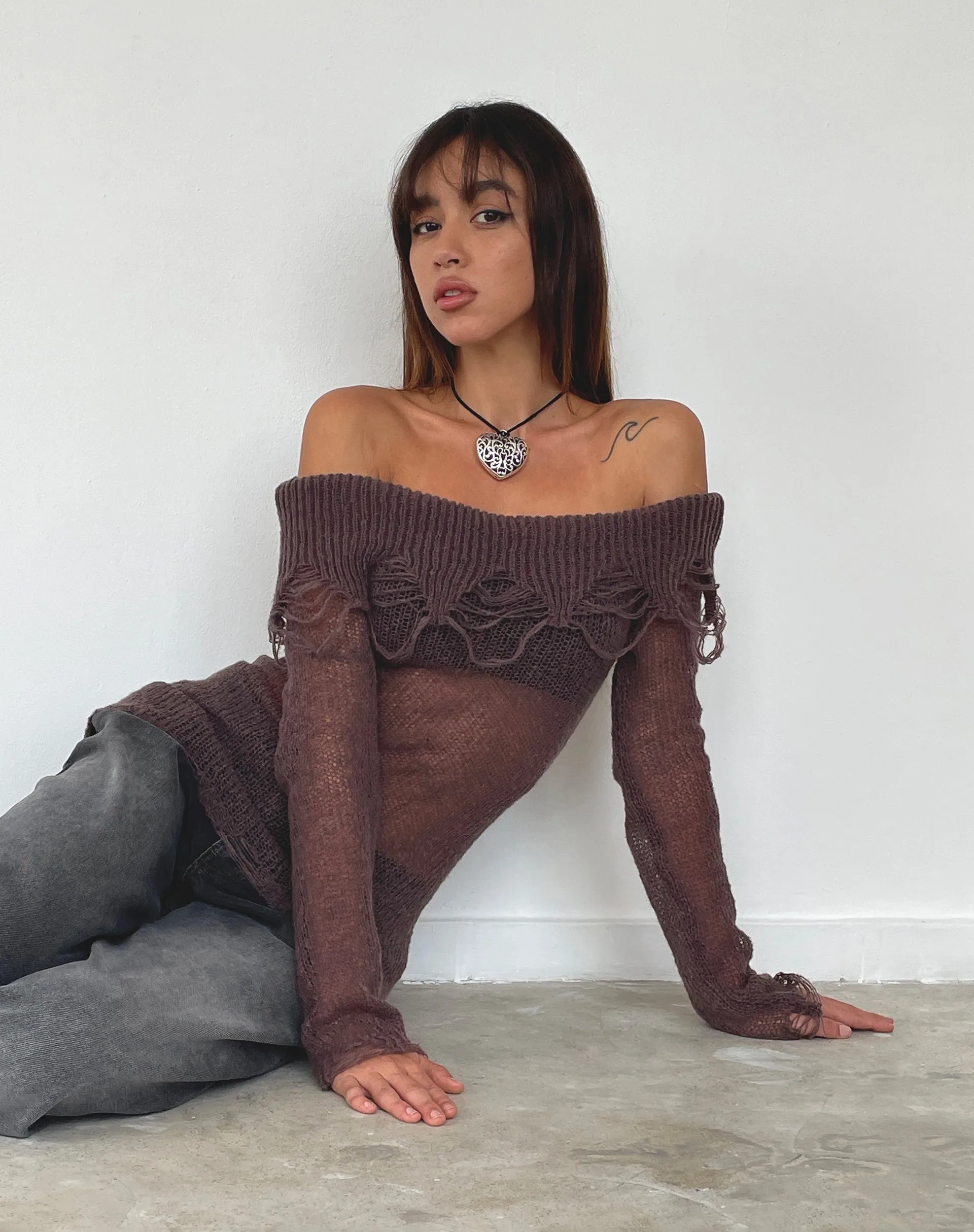 Milena Maroon Bardot Top - Distress Knit Long Sleeve