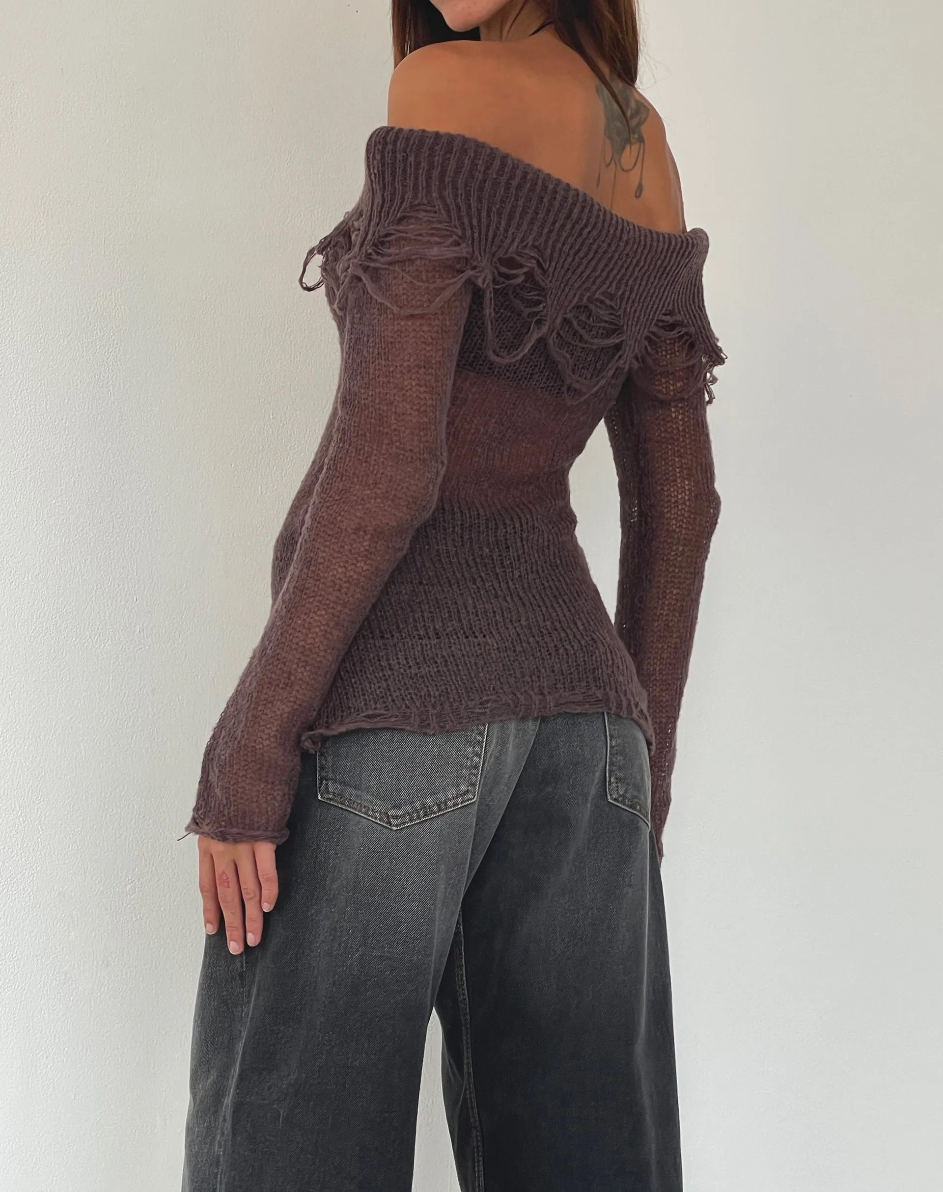 Milena Maroon Bardot Top - Distress Knit Long Sleeve