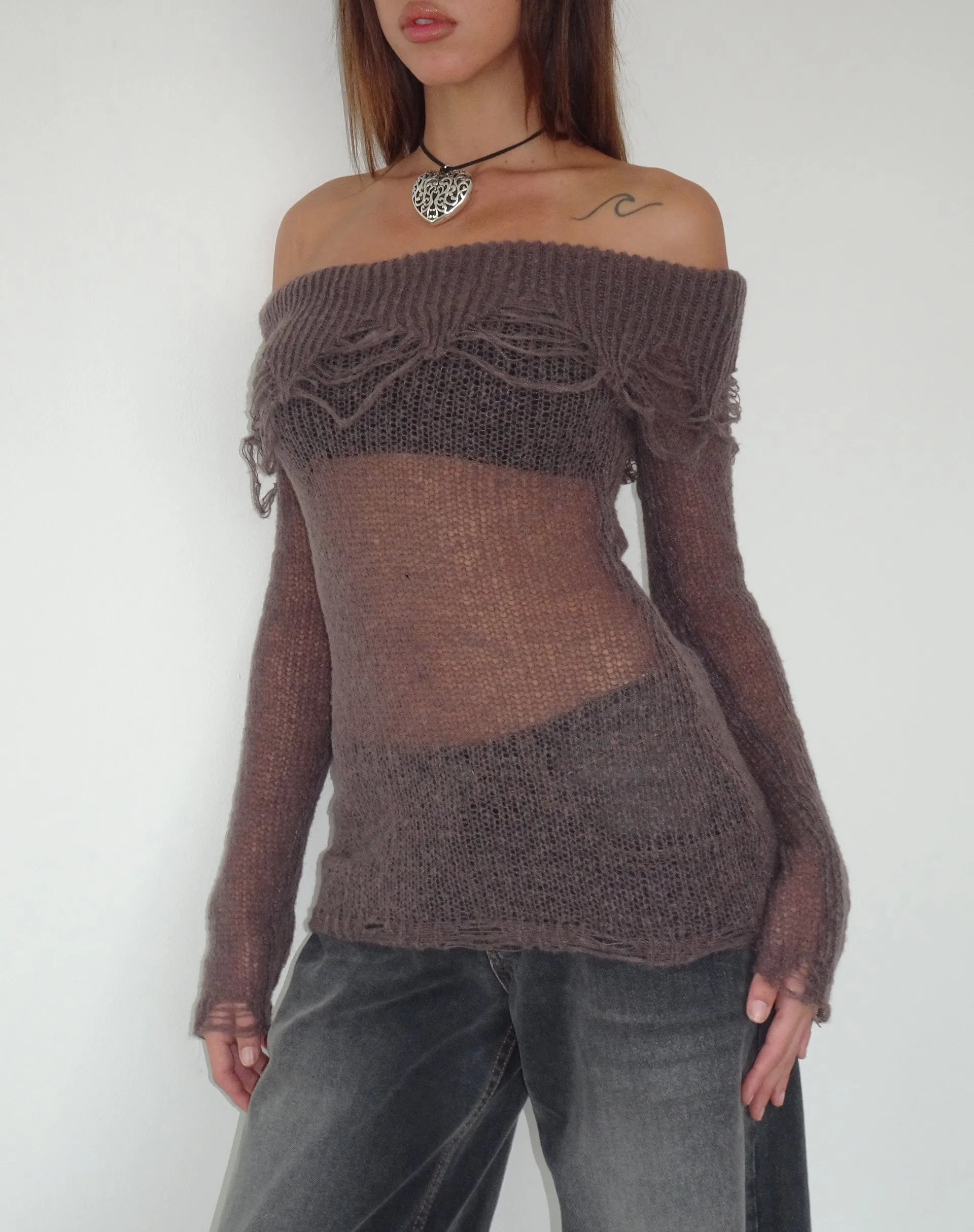 Milena Maroon Bardot Top - Distress Knit Long Sleeve