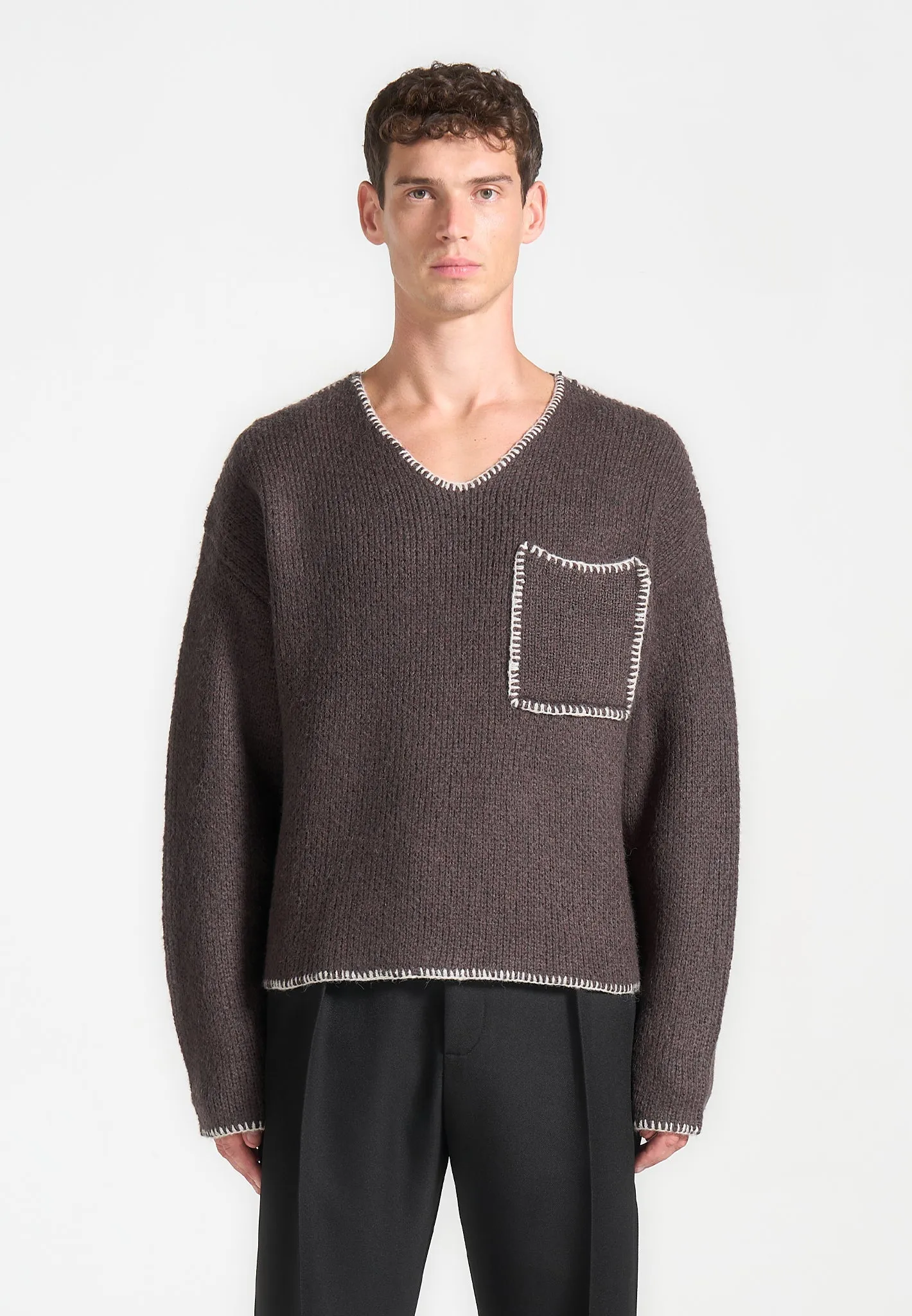 Mohair Knit Whipstitch V Neck Jumper - Brown