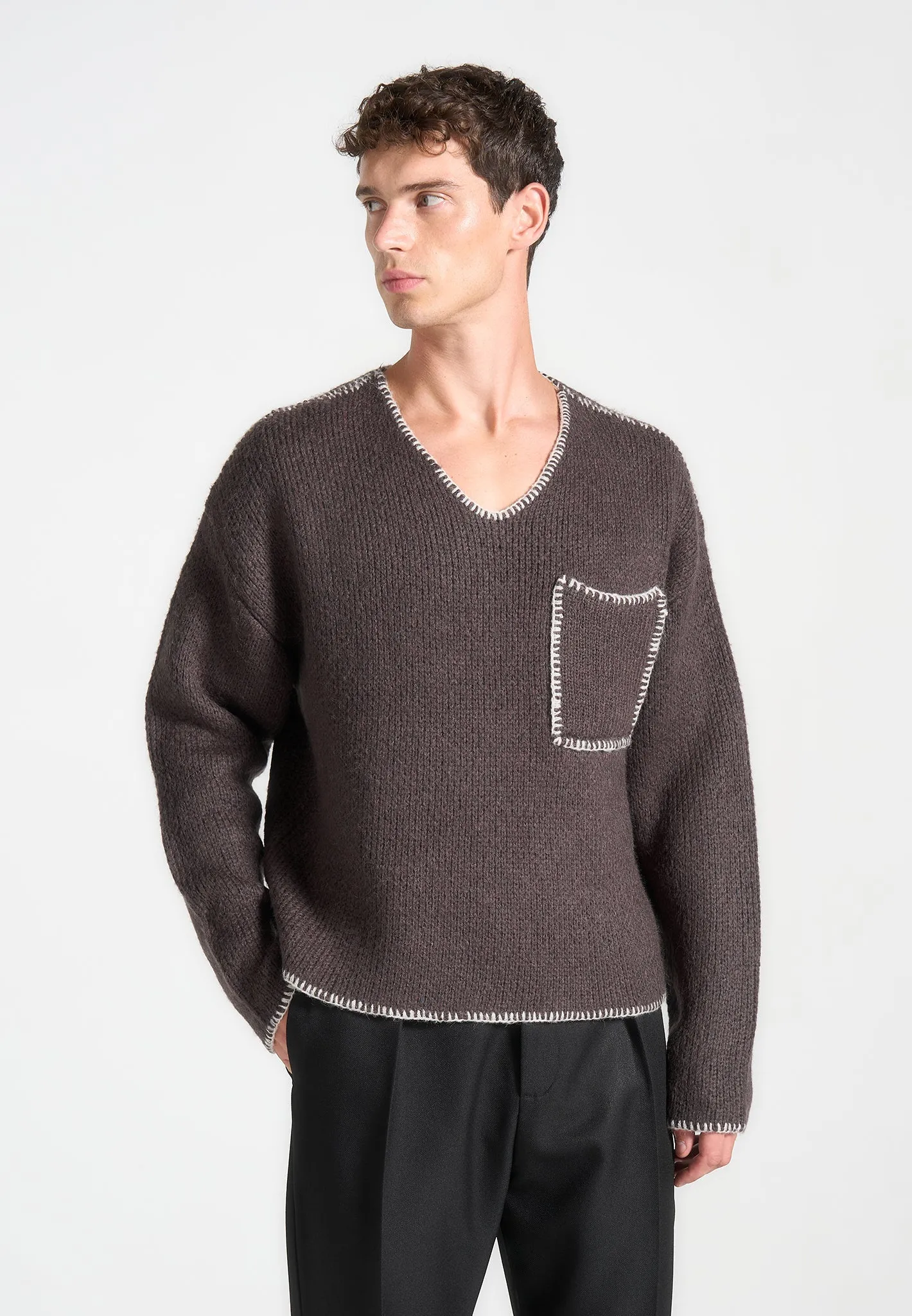 Mohair Knit Whipstitch V Neck Jumper - Brown