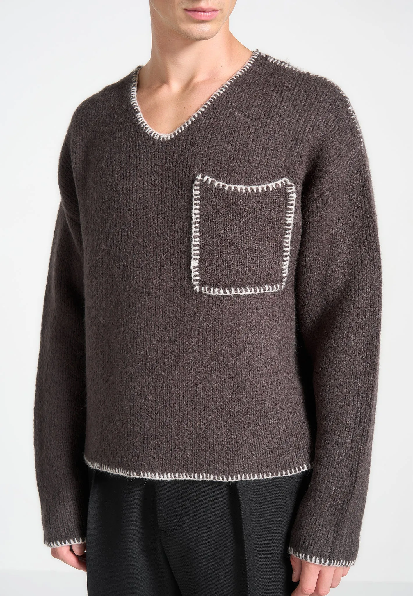 Mohair Knit Whipstitch V Neck Jumper - Brown