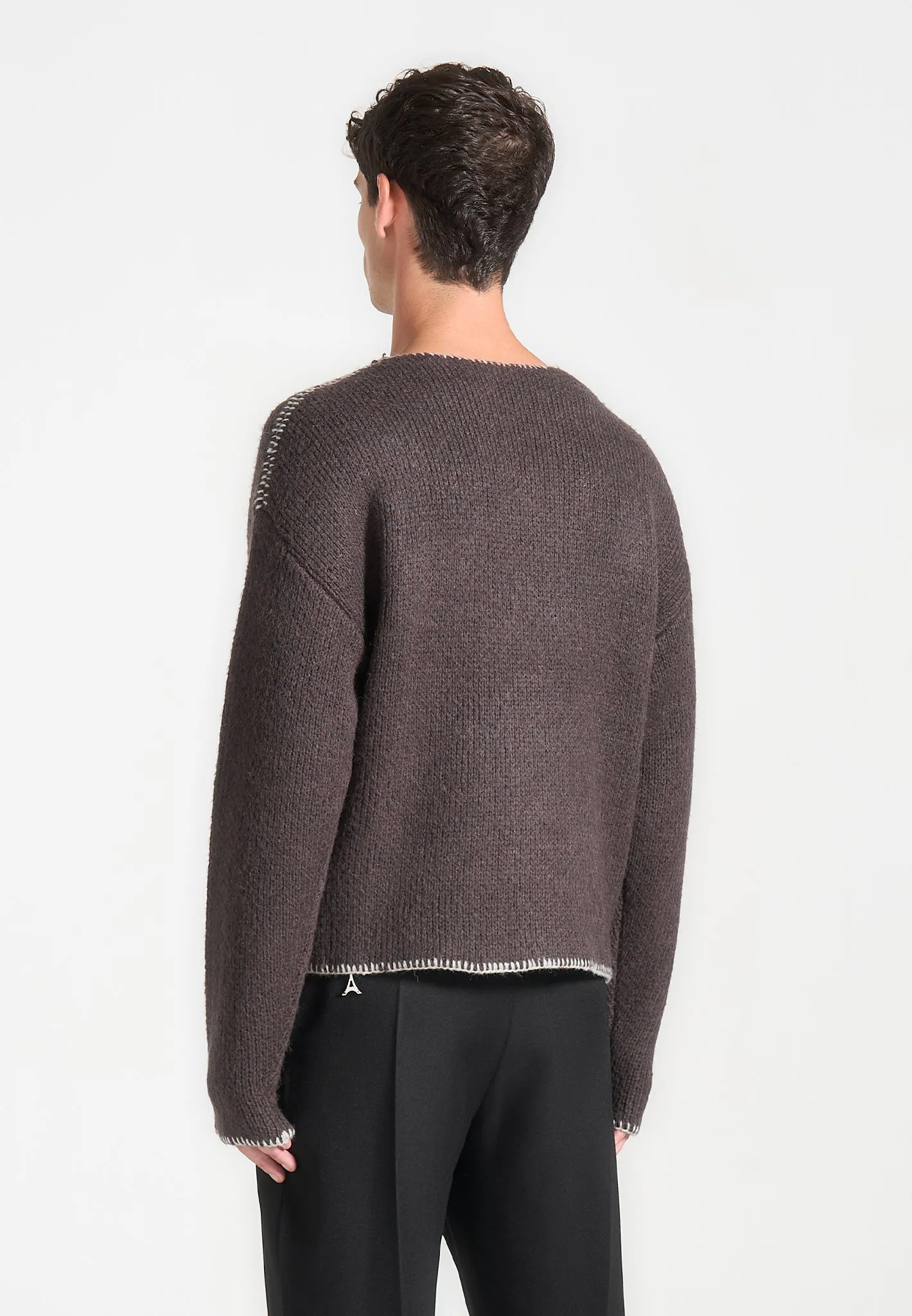 Mohair Knit Whipstitch V Neck Jumper - Brown