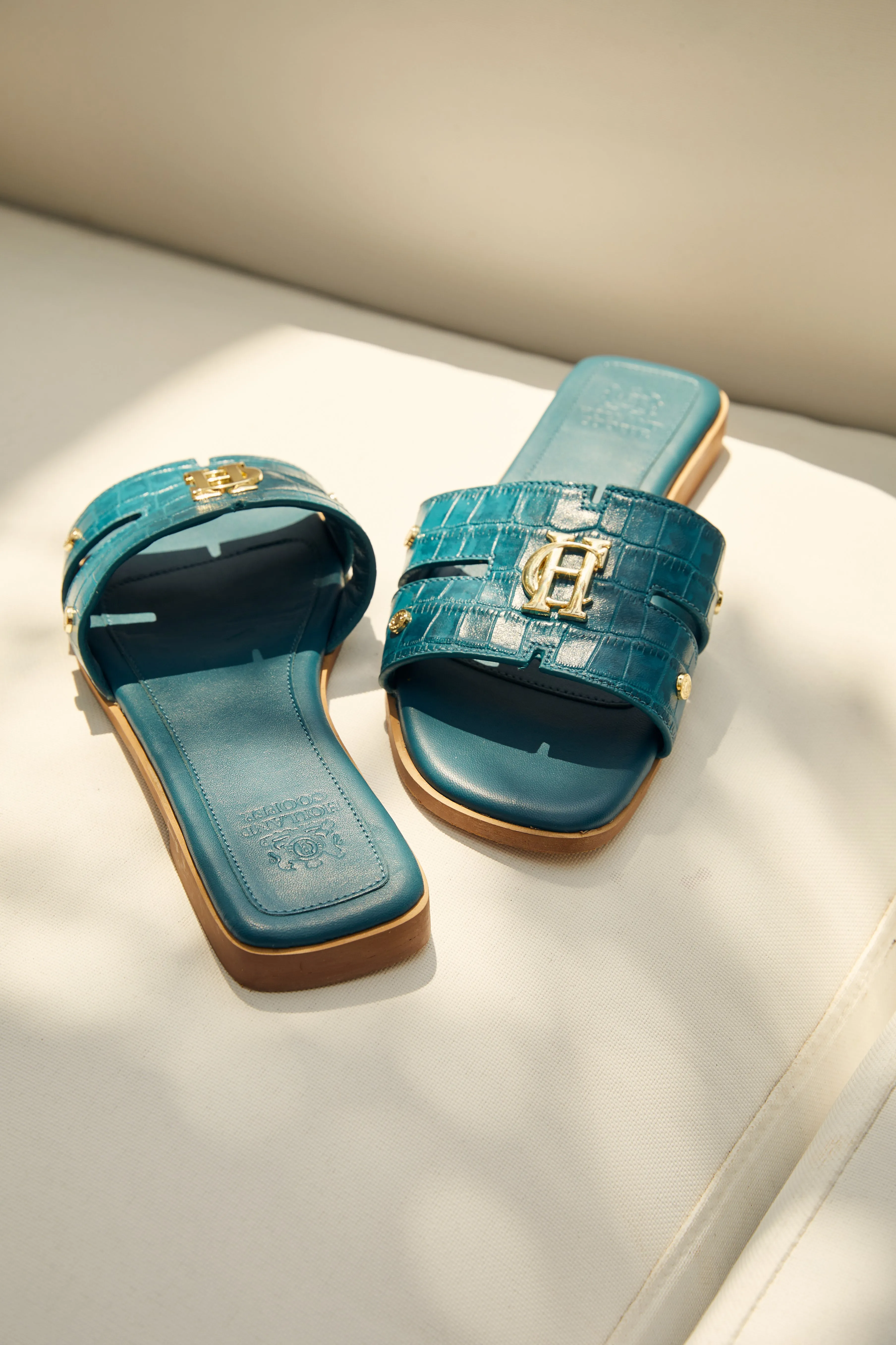 Monogram Slides (Teal Croc)