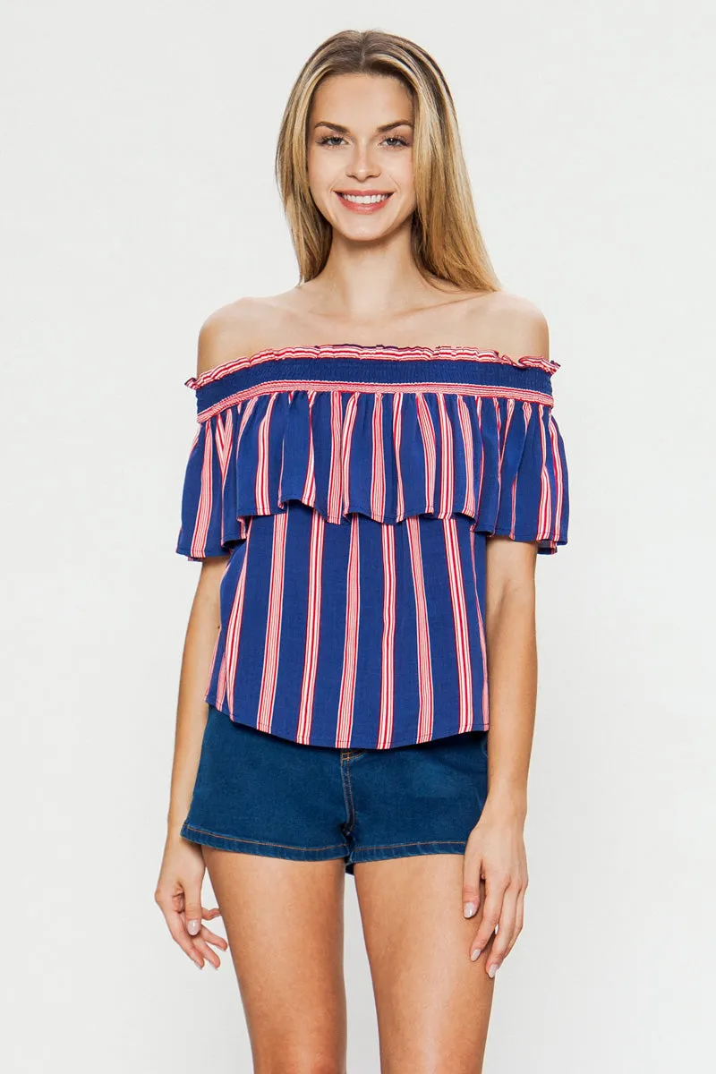 Striped Off Shoulder Top with Short Flutter Sleeves in Multiple Colors