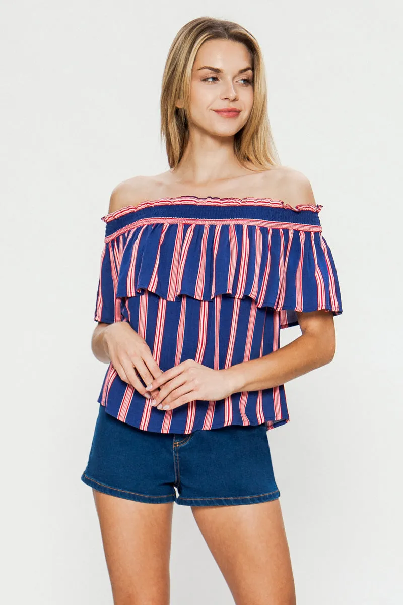 Striped Off Shoulder Top with Short Flutter Sleeves in Multiple Colors