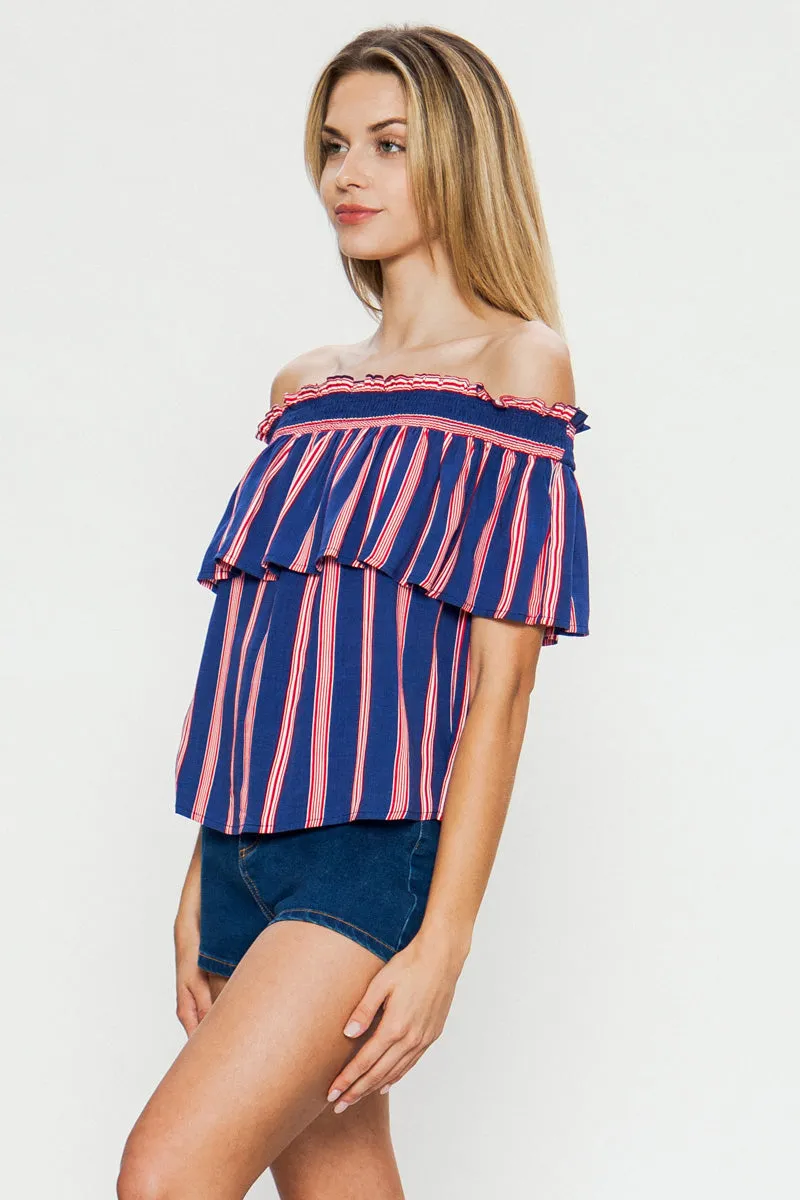 Striped Off Shoulder Top with Short Flutter Sleeves in Multiple Colors