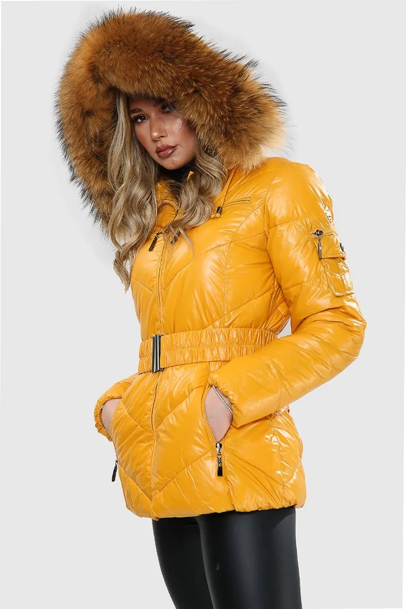 Mustard Wet Look Natural Fur Hood Puffa Jacket