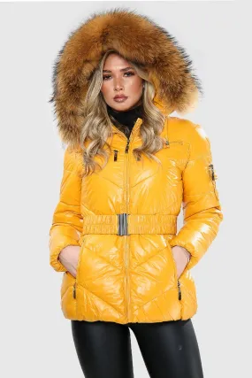 Mustard Wet Look Natural Fur Hood Puffa Jacket