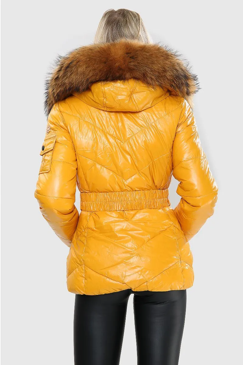 Mustard Wet Look Natural Fur Hood Puffa Jacket