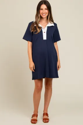 Navy Blue Contrast Collar Maternity Polo Dress