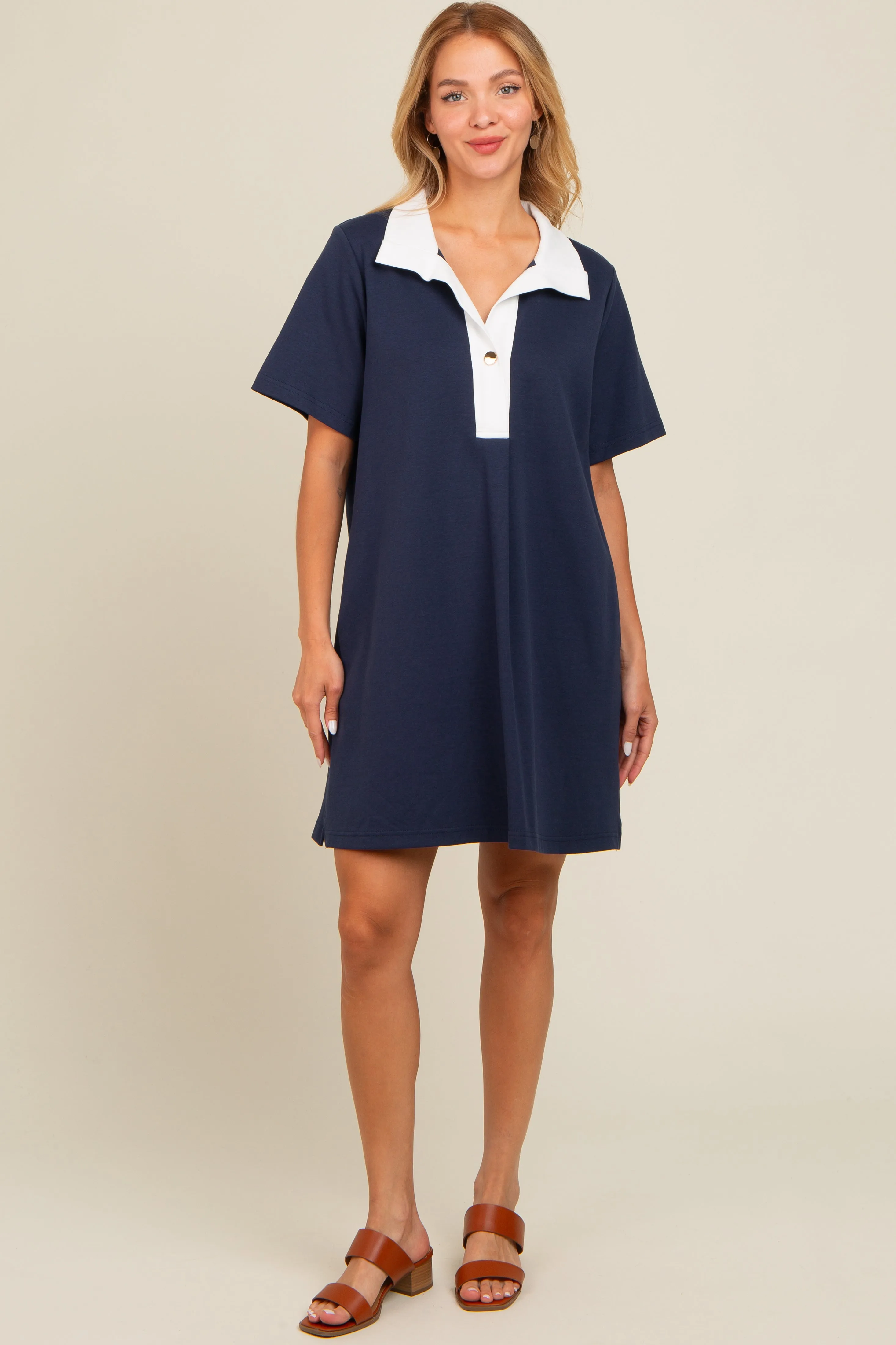 Navy Blue Contrast Collar Maternity Polo Dress