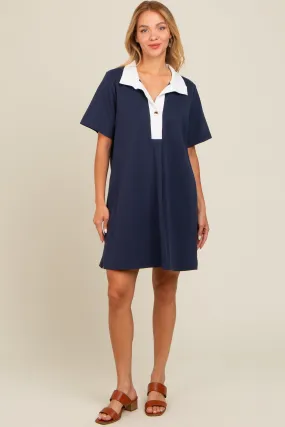 Navy Blue Contrast Collar Polo Dress