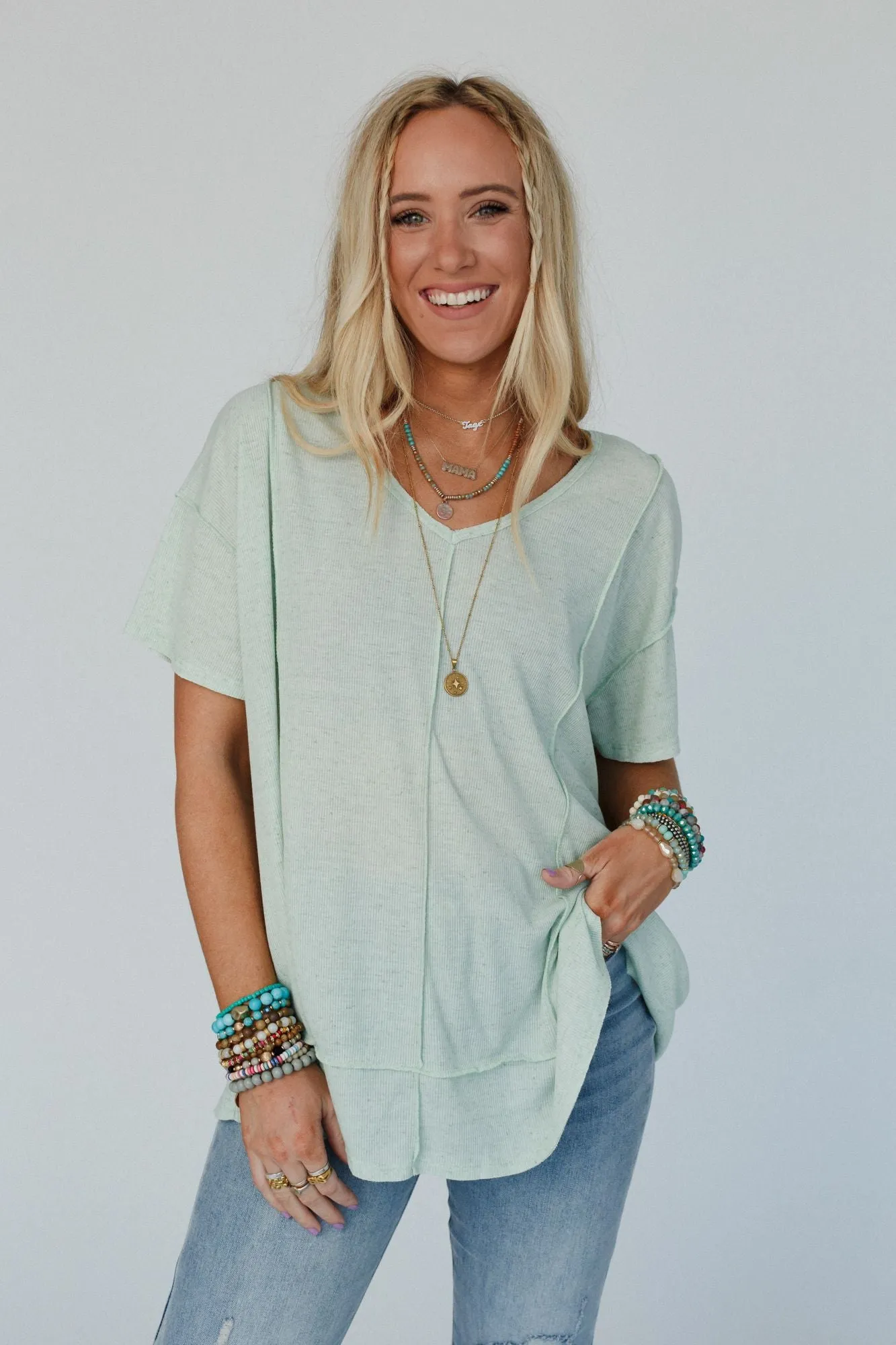 Nestled In Ribbed Knit Top - Sage