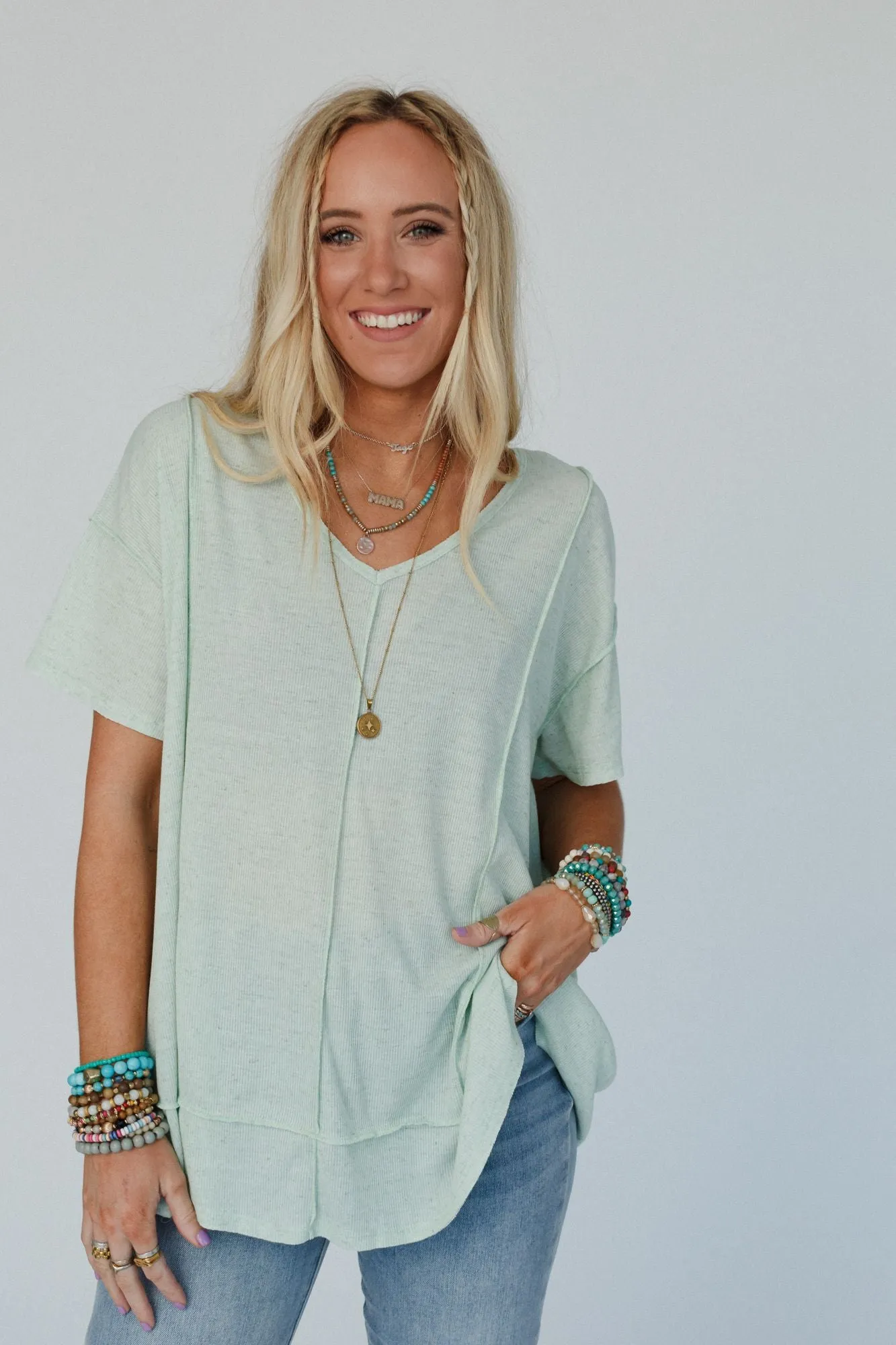 Nestled In Ribbed Knit Top - Sage