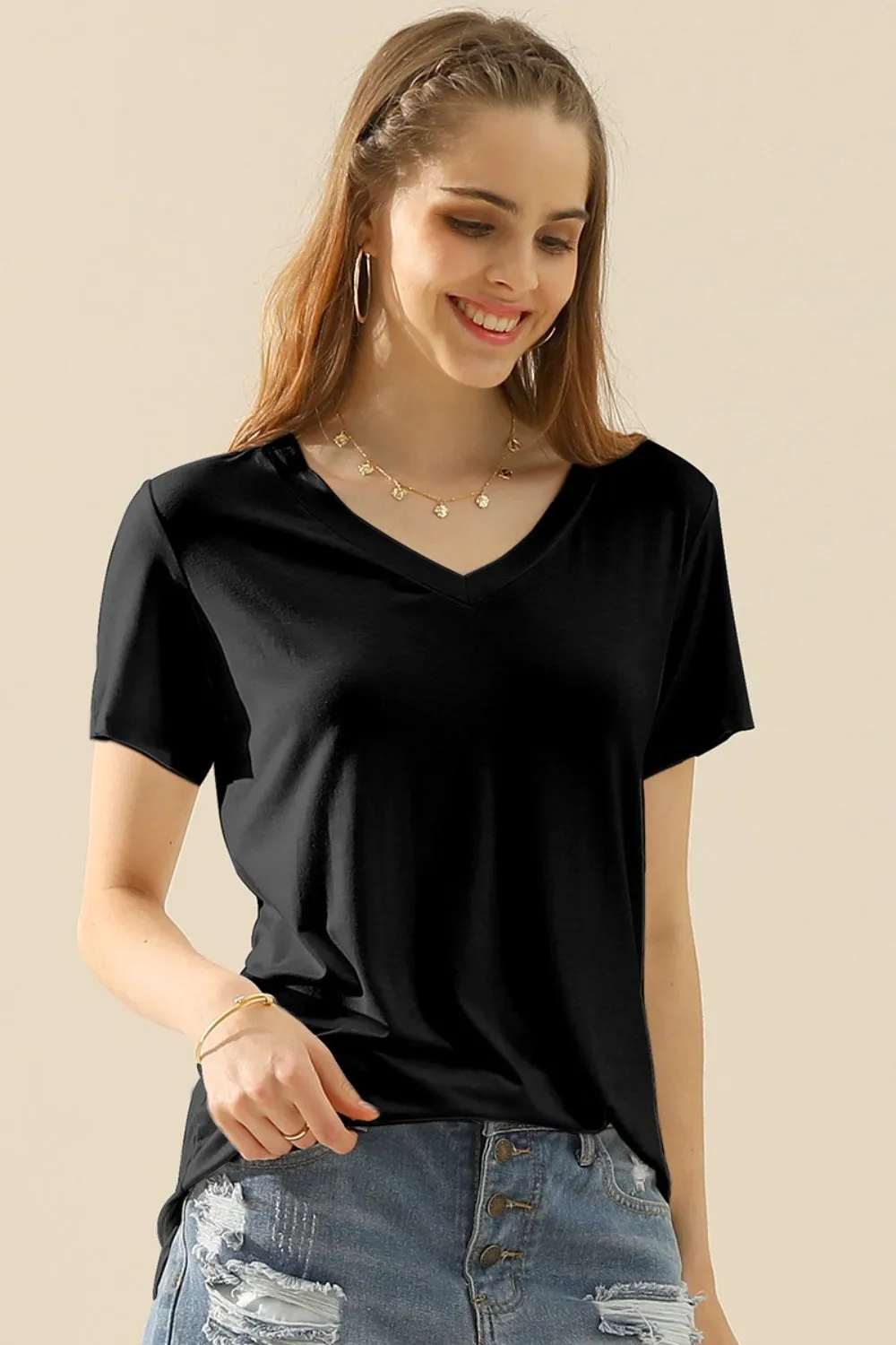 Ninexis V-Neck Short Sleeve Full Size T-Shirt