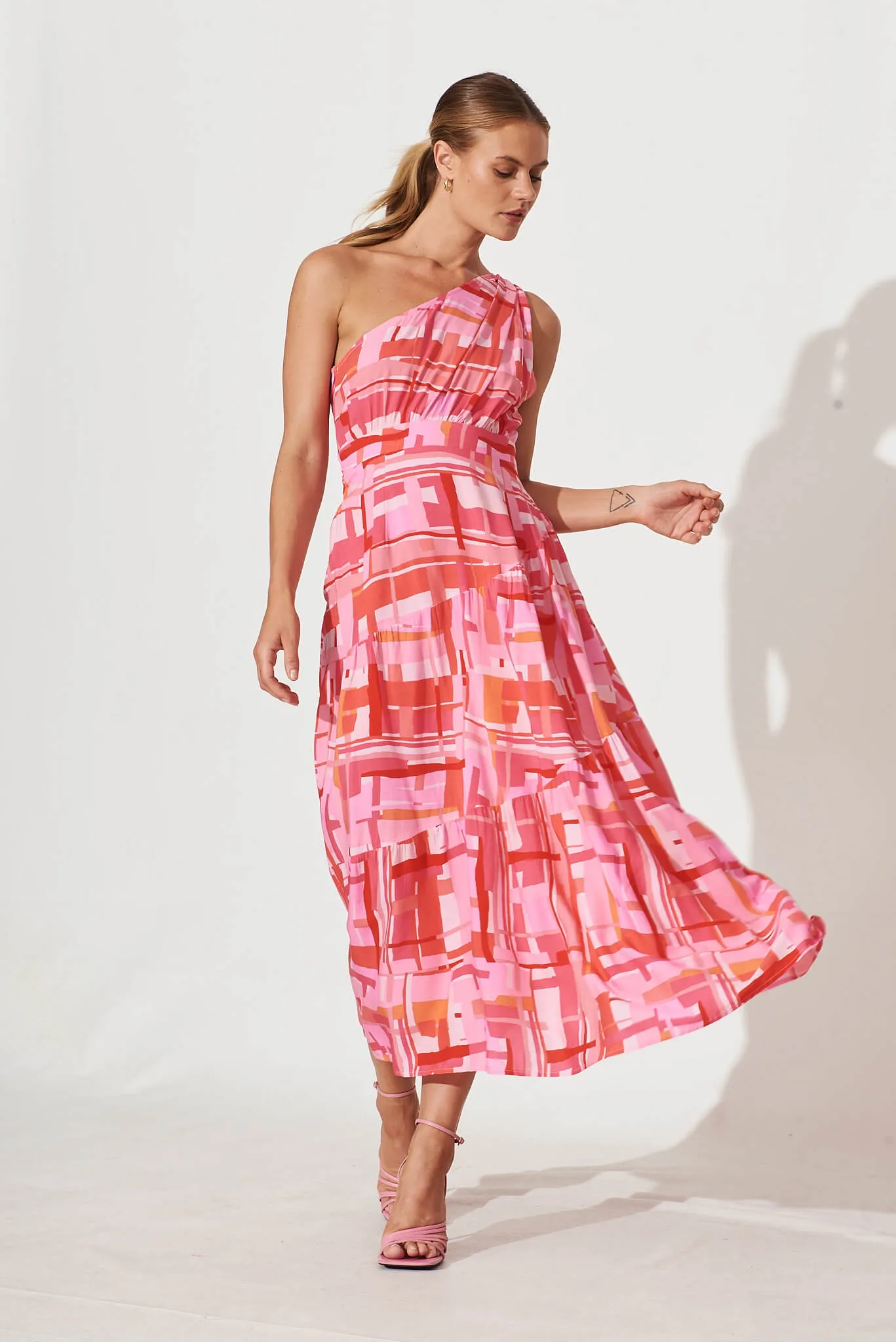 November Rain One Shoulder Maxi Dress In Pink Multi