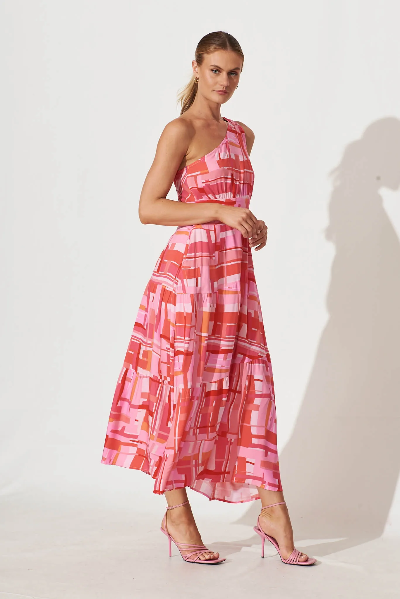 November Rain One Shoulder Maxi Dress In Pink Multi