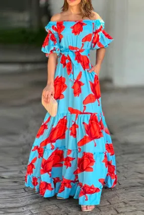 Off Shoulder Puff Sleeve Tie Waist Maxi Floal Ruffle Dress