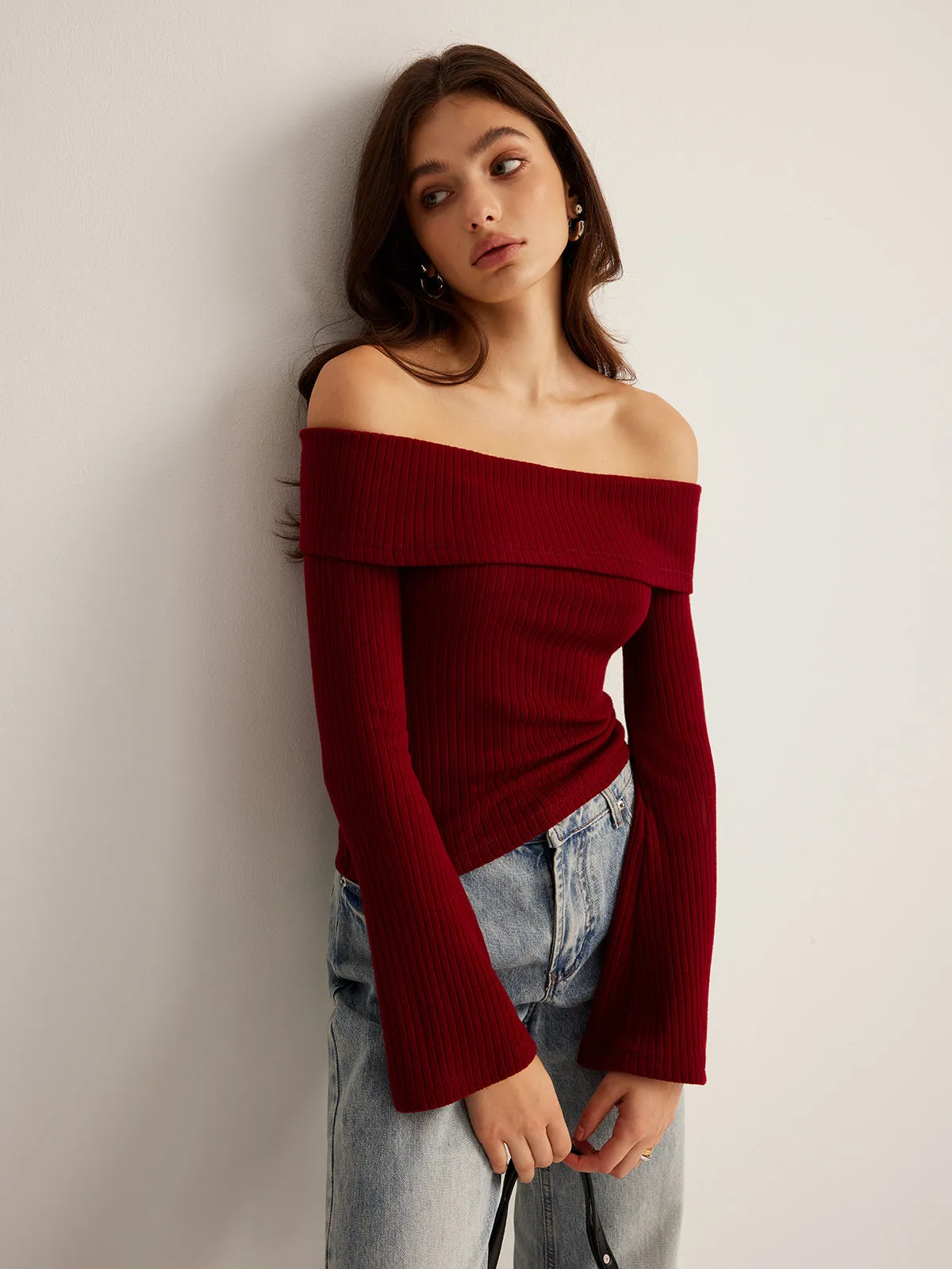 Off-Shoulder Ribbed Slim Top