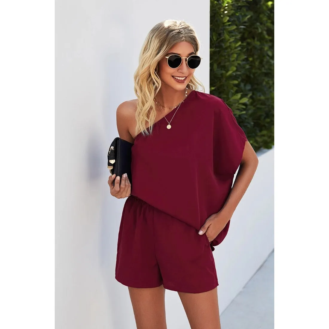 One Shoulder Romper in Wine