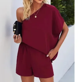 One Shoulder Romper in Wine