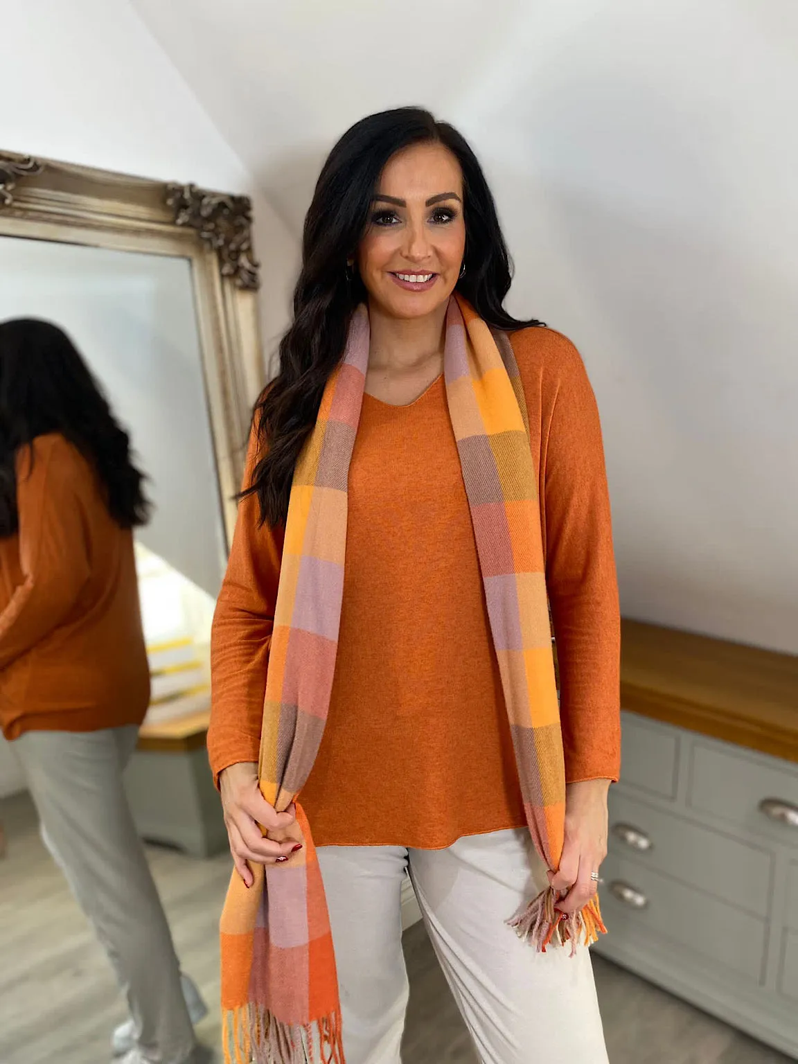 Orange V Neck Knit Top Bea - Women's Fashion Sweater - Fall/Winter Collection