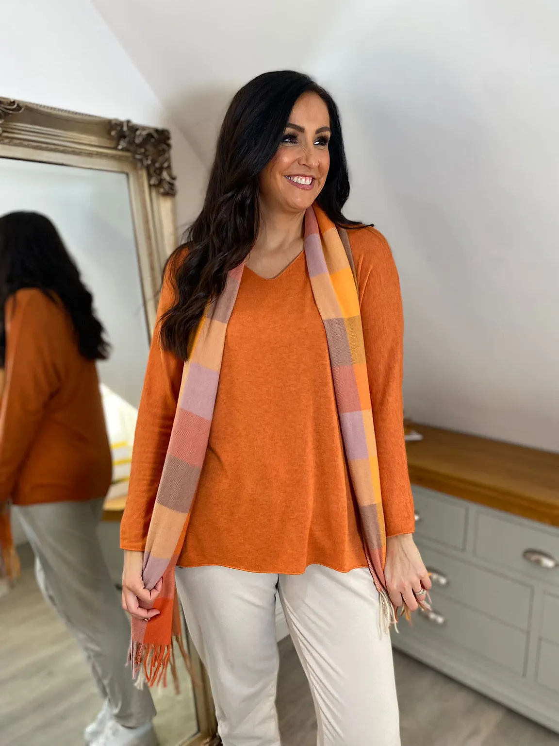 Orange V Neck Knit Top Bea - Women's Fashion Sweater - Fall/Winter Collection