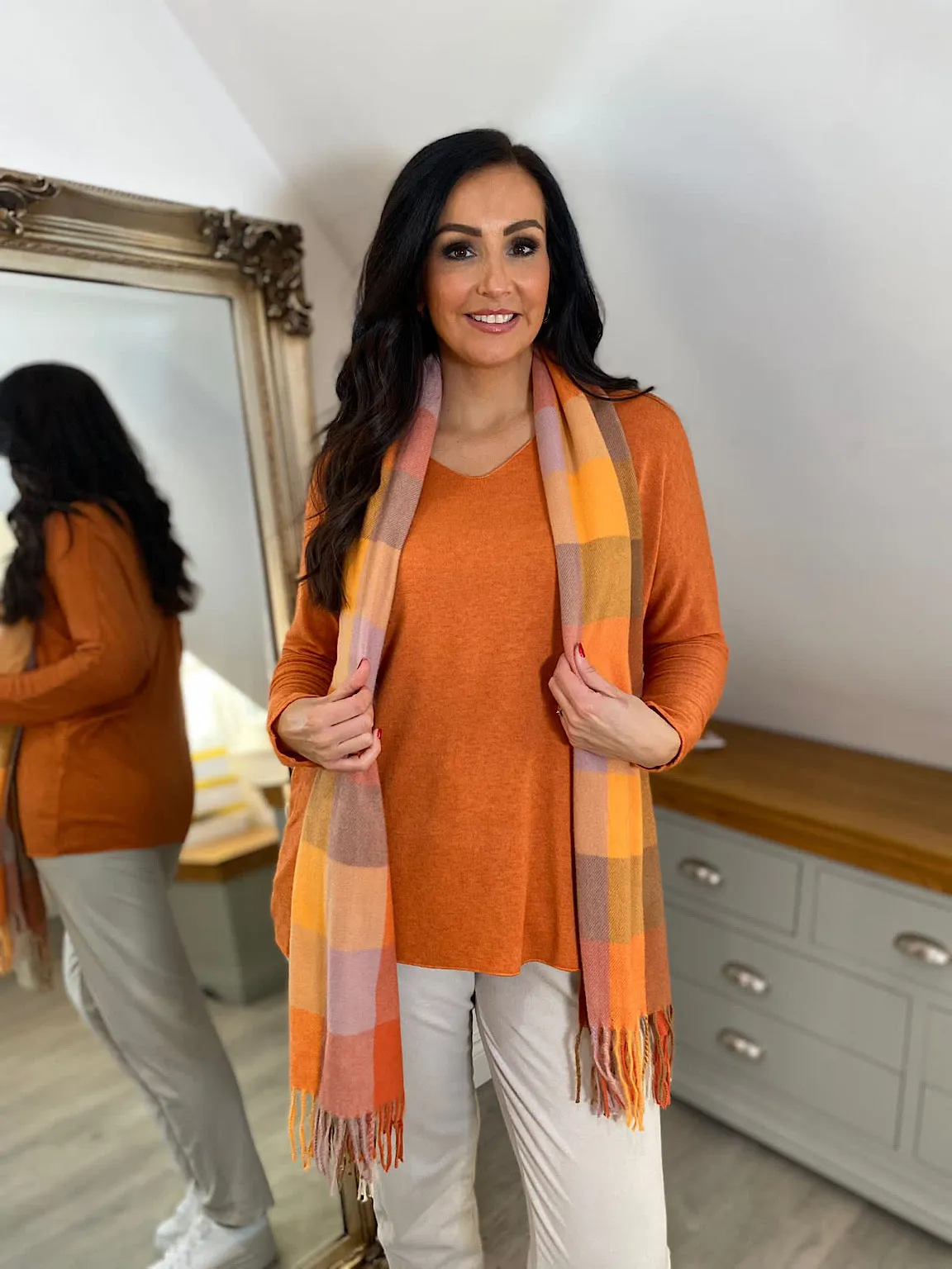 Orange V Neck Knit Top Bea - Women's Fashion Sweater - Fall/Winter Collection