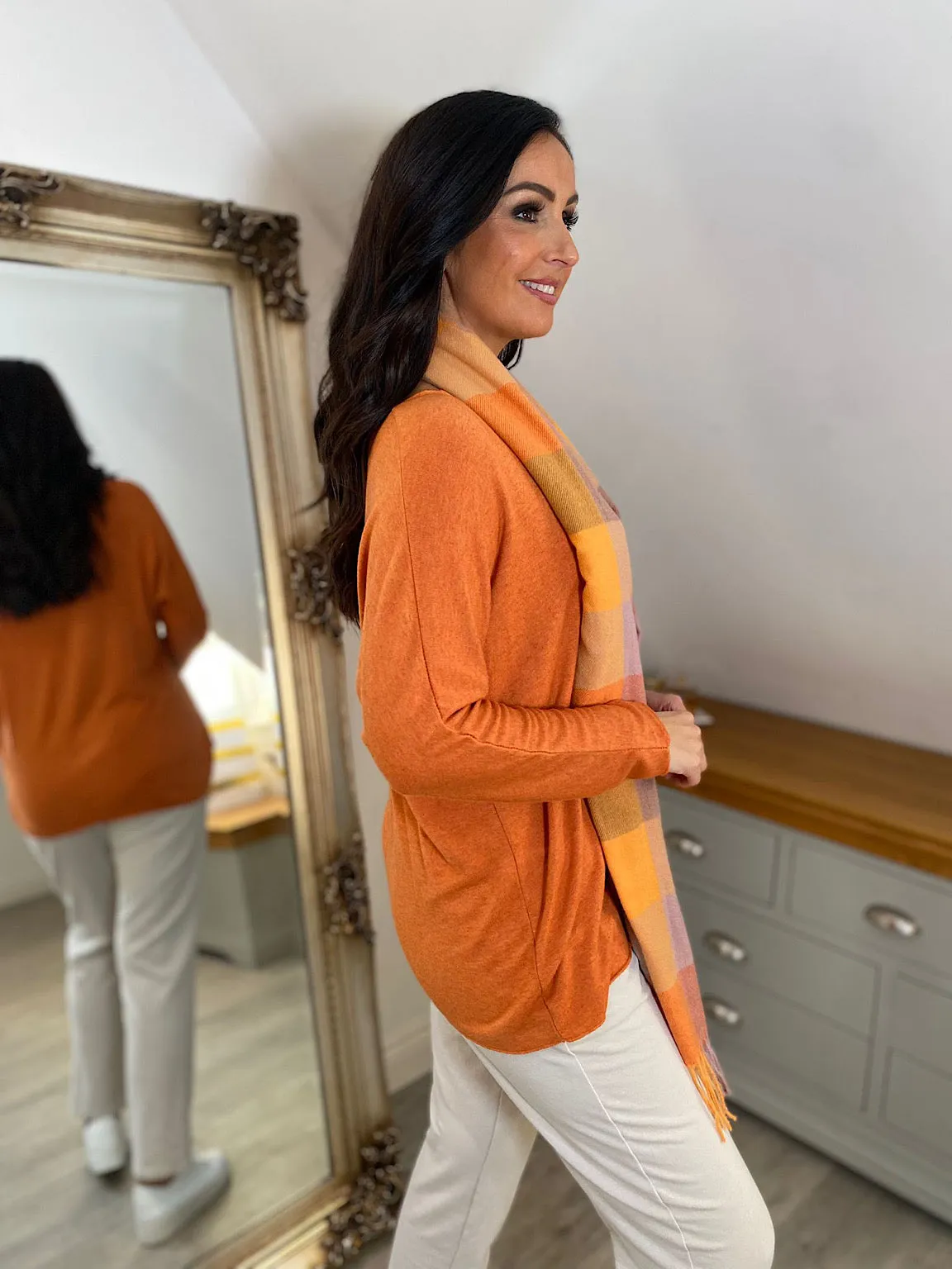 Orange V Neck Knit Top Bea - Women's Fashion Sweater - Fall/Winter Collection