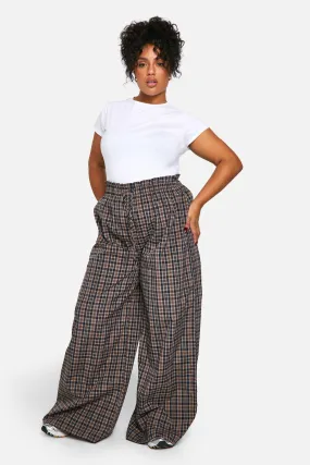 plus check elasticated waistband wide leg trousers